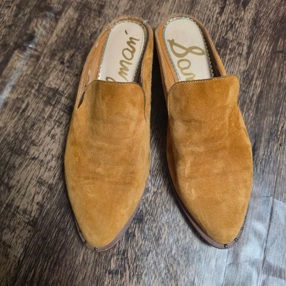 SAM EDELMAN Lewellyn Mules Womens 8 Tan Suede Pointed Toe Slip‎ On Loafers